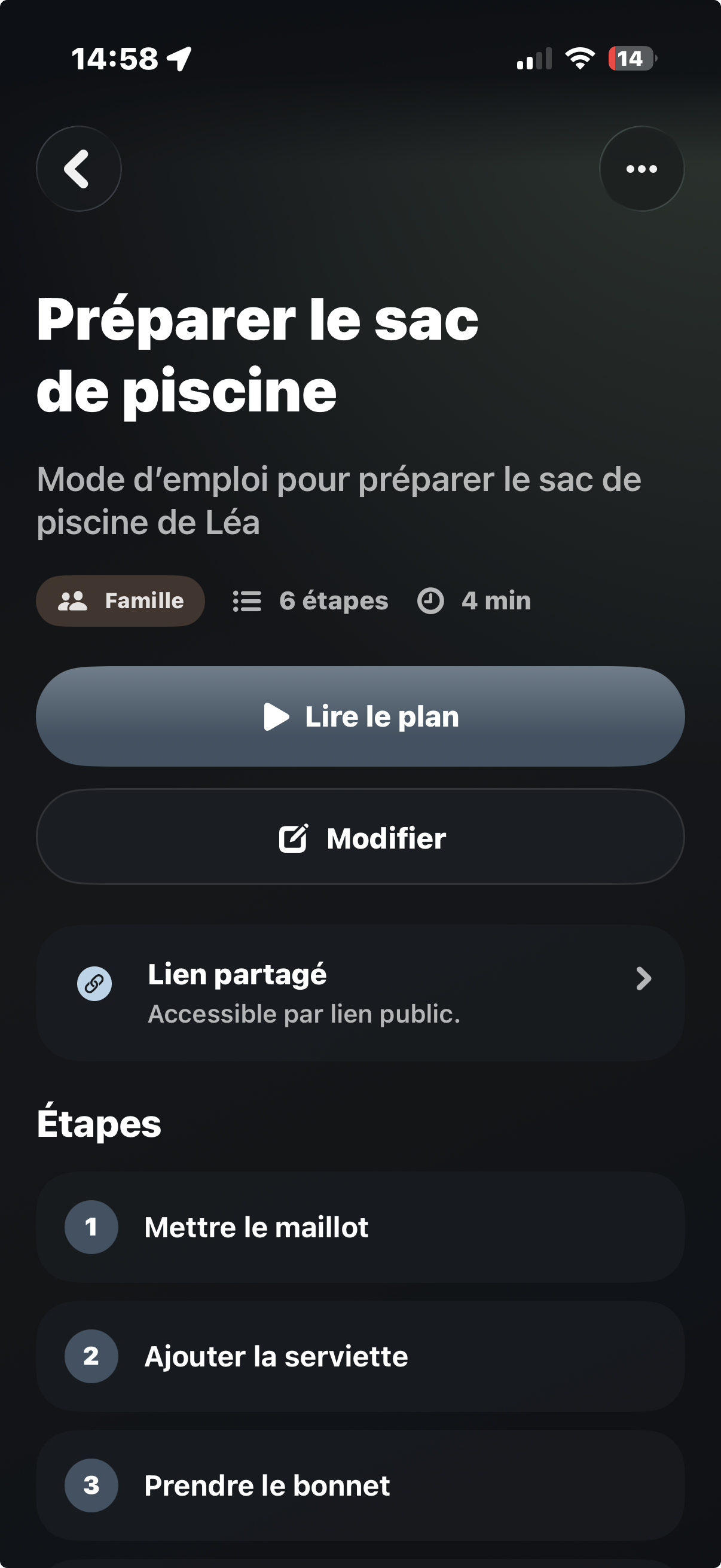 Capture d’écran d’un mode d’emploi Planific : préparer le sac de piscine, avec les étapes à suivre.